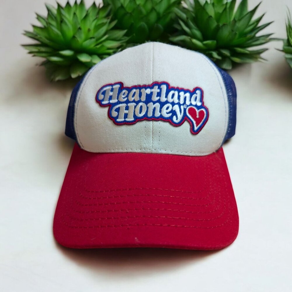 Red White Blue Mesh trucker hat Hearland Honey patch love heart Made‎ in the USA